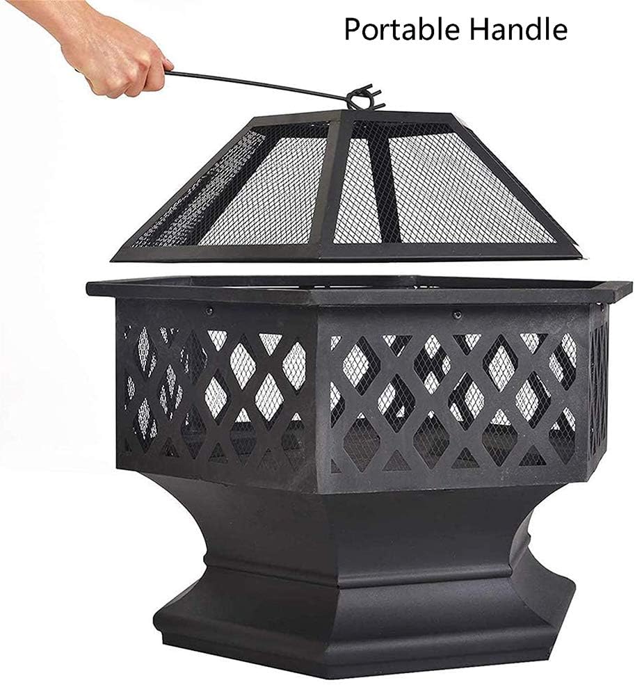 Wood Burning Bonfire Firebowl,22 Inch Hex-Shaped with Mesh Screen Firepits