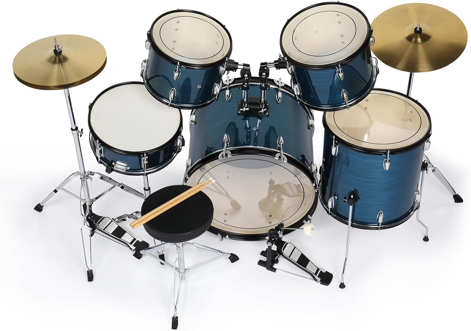 Ktaxon 22 Inch Adult Drum Set, 5-Piece Full-Size Drums Kit with Cymbal Stands, Hi-hat Stand, Sticks, Drum Pedal, Stool & Floor Tom for Beginner Teens Student (Brushed Blue)