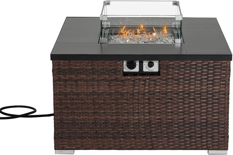 AQUILLA Outdoor Propane Fire Table, Dark Brown Color Rattan, 40000 BTU Heater w Free Lava Rocks, Waterproof Cover for Garden, Poolside