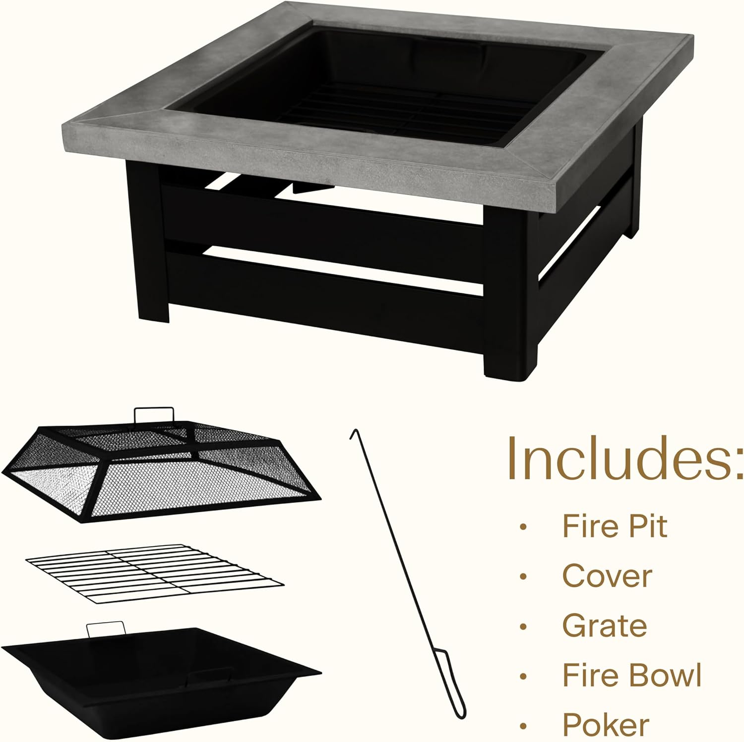 Honeycomb Outdoor Edisto Wood Burning Fire Pit with Cover and Poker, Matte Black Frame, Ceramic Tile Tabletop