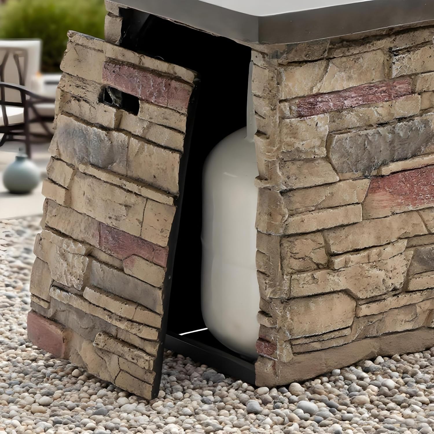42-inch Rectangular Propane Fire Pit Table, 50000 BTU, Stone-Look Base with Metal Top, Hidden Tank Storage