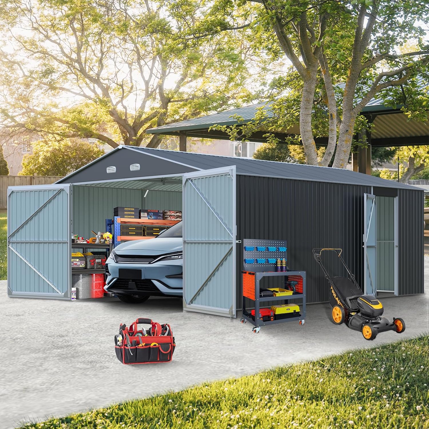 Outdoor Storage Shed 20x13 FT, Sheds & Outdoor Storage Clearance - Metal Garage Shed for Car, Truck, Bike, Garbage Can, Tool, Lawnmower - Backyard Tool House Building with 2 Doors and 4 Vents