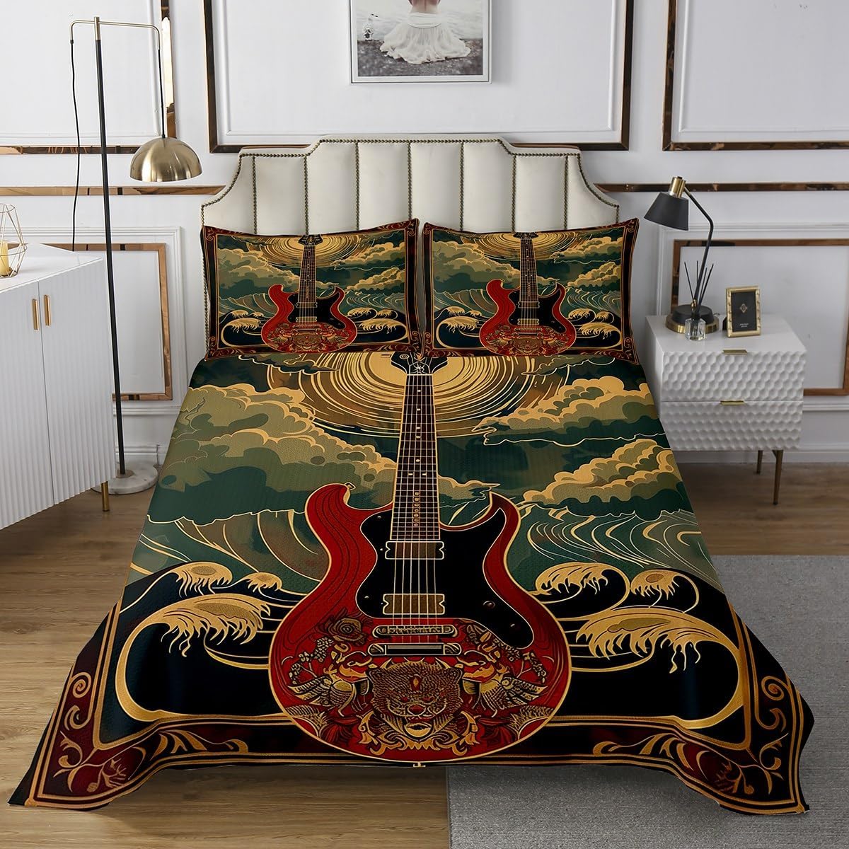 Manfei Red Bass Bedspread King,Rock Music Theme Electric Guitar Quilted Coverlet 3pcs for Adults Teens Room Decor,Japanese Style Ocean Waves Ukiyo-e Soft Breathable Bedding Quilt