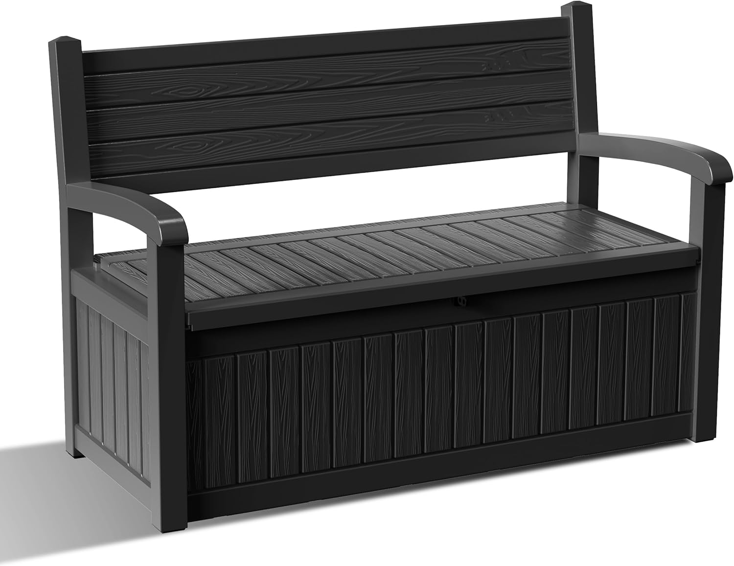 ROJIK 80 Gallon Storage Bench Deck Box Outdoor with Armrests,Wood Grain Style Resin Storage Furniture Waterproof Lockable for Porch Patio and Garden,Sturdy and Durable, Black