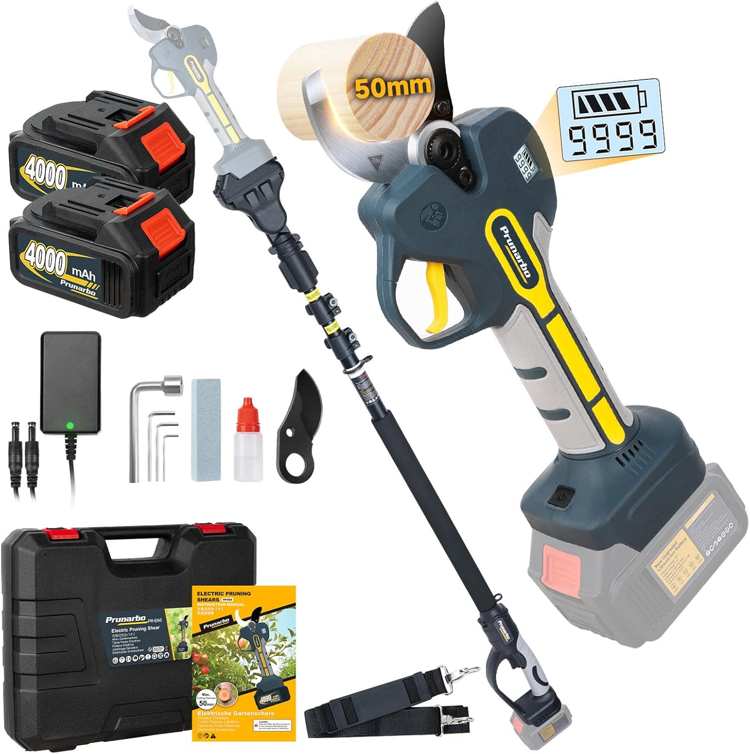 2 In 1 Pole Pruning Shears 2.0 Inch Cutting Diameter Compatible with Makita Battery Secateurs Japanese SK5 Blade 2 * 4000mAh Batteries Electric Pruner Extended To 8.2ft