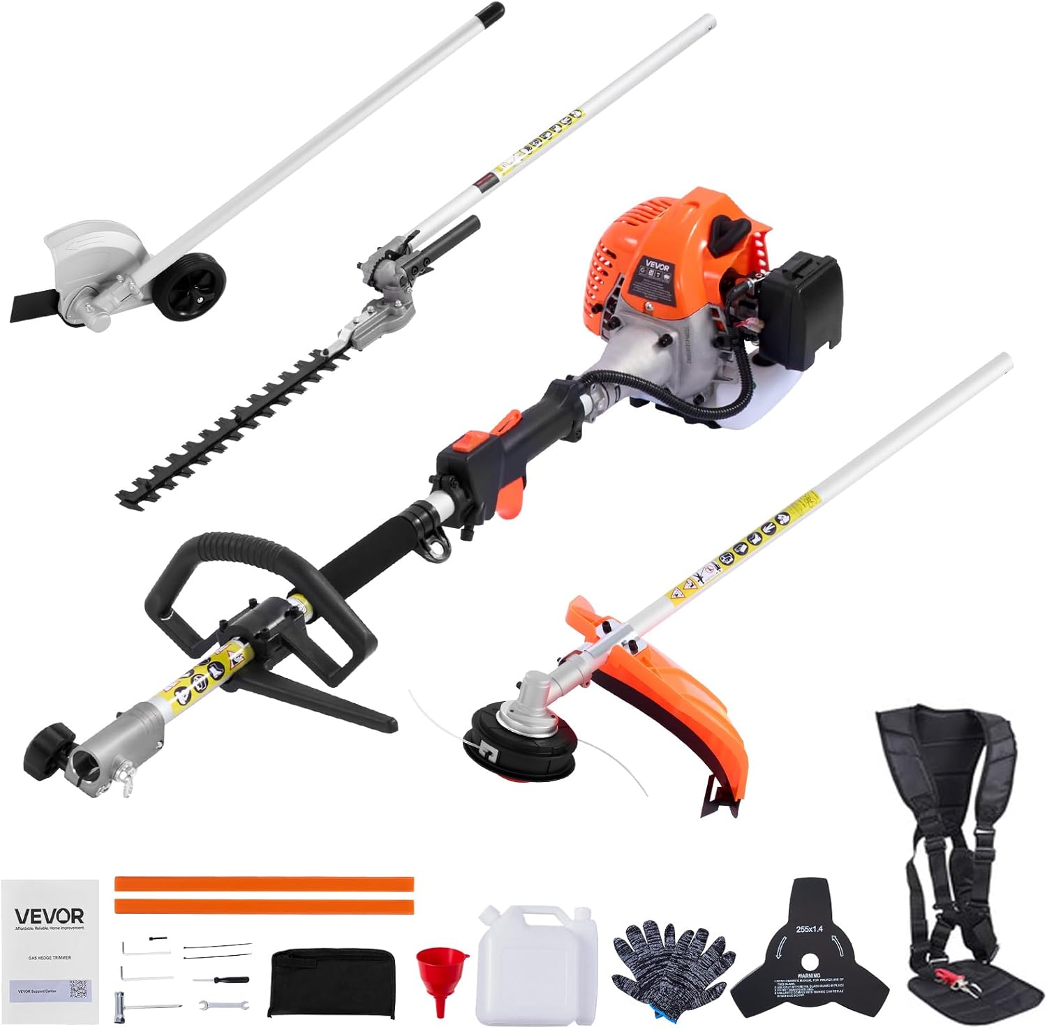 VEVOR 26cc Gas-Powered 4-in-1 Hedge Trimmer Kit, 2-Cycle Handheld Trimmer with String Trimmer/Weed Eater, Edger & Brush Cutter, Includes Protective Gear for Shrubs & Bushes