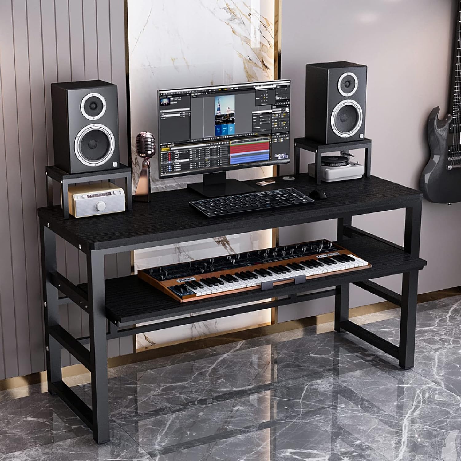 Music Studio Recording Desk with 1 Piano Keyboard Tray, Music Production Workstation, Home Office Furniture Wooden Table (Black Board + Black Frame, 63 inches)