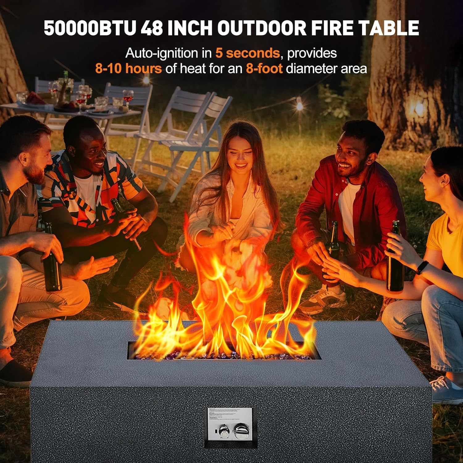 GarveeLife 48 in Outdoor Fire Table, 48 in Rectangle Propane Gas Fire Pit Table, 50,000 BTU Modern Firepit with 16 in Tank Cover Side Table, Wind Guard, Fire Glass, Rain Cover