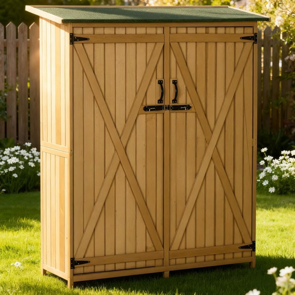 Wooden Garden Storage Outdoor Storage Cabinet Wooden Garden Shed Utility Tool Organizer with Waterproof Asphalt Rood, Lockable Doors