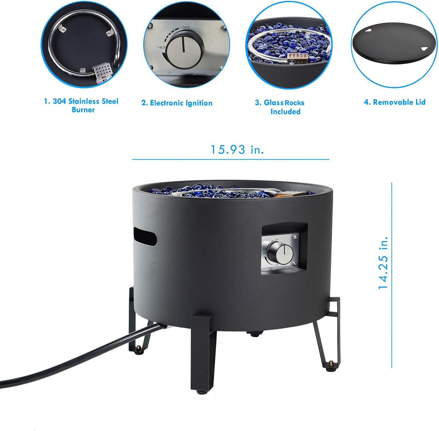 Portable Gas Fire Pit with 20Lb Propane Tank Cover, 50,000 BTU Compact Portable Outdoor Fire Pit w/Glass Shards, Lid, 10Ft Propane Hose - Black