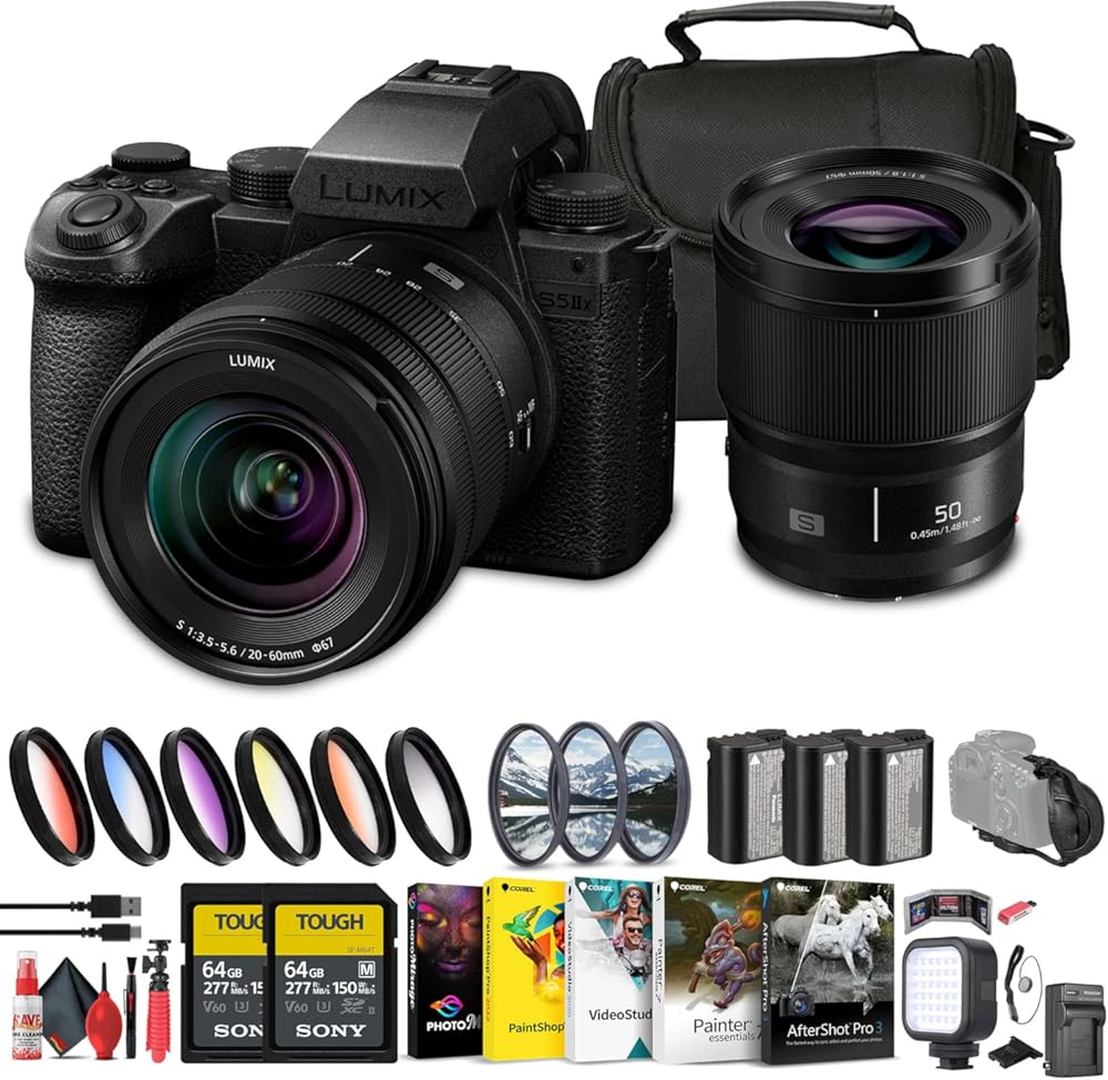 Panasonic Lumix S5 IIX Mirrorless Camera with 20-60mm and 50mm Lenses Kit (DCS5M2XW/W) + 2 x 64GB Memory Card + Filter Kit + Color Filter Kit + Corel Photo Software + 2 x DMW-BLK22 Battery + More