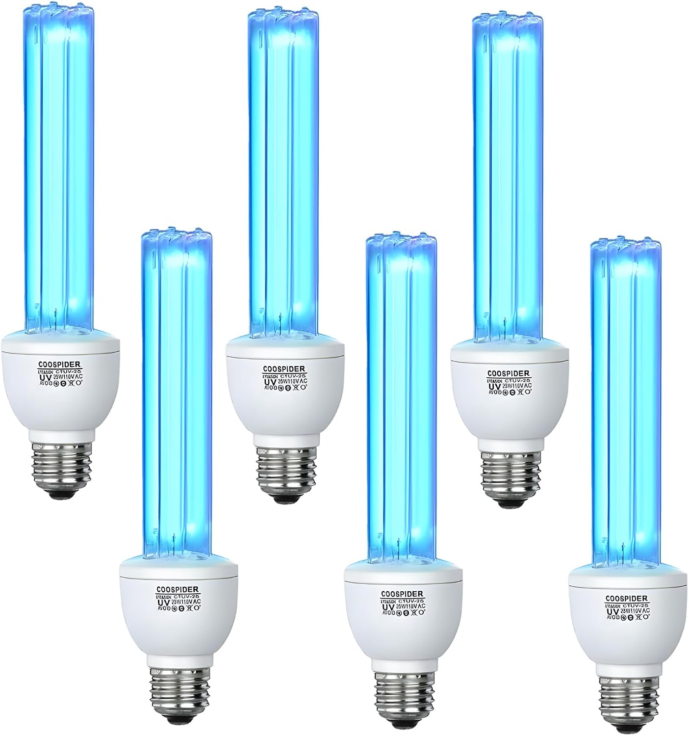 6 Pack 25 Watts UVC Light Bulb Ozone Free, Replacement UV Light Bulb for Bedroom/Bathroom/Closet/Kitchen, 253.7nm Wavelength Covers up to 400sq.ft, E26 110V CTUV-25