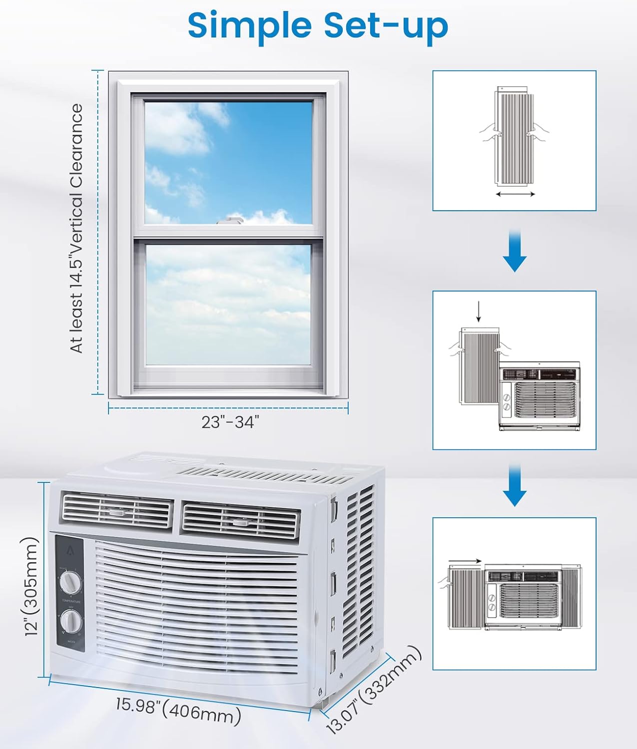 White 5000 BTU Window Air Conditioner for Small Rooms & Bedrooms - Mechanical Controls, 2 Fan Speeds, 7 Temp Settings, Adjustable Vents (115V/60Hz)