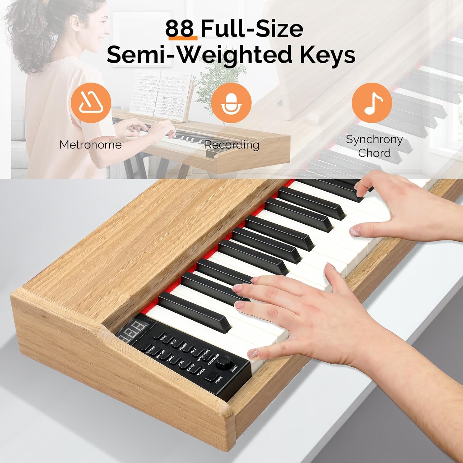 GLARRY Digital Piano Keyboard，Portable 88 keys Semi-Weighted Electric Piano with Three Pedals for Beginner, Bluetooth, Triple Pedals, Power Supply, 2 Speakers (Nature)