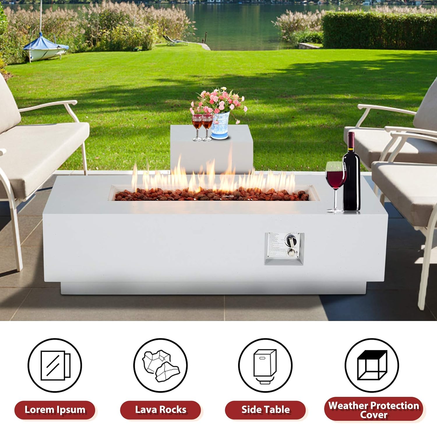 ECOTOUGE 2-Piece 56Inch Outdoor Propane Fire Pit Table Set with 20 Gallon Gas Tank Side Table, 50,000 BTU Rectangular Concrete Fire Pit, w/Weather Rust-Resistant Cover, Outdoor Furniture