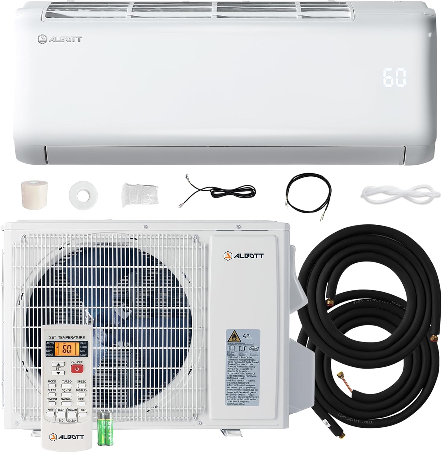 Albott Mini Split Air Conditioner Heat Pump, 9100 BTU, 20.5 SEER2, 115V Wall AC Unit with Remote Control, Cools & Heats Rooms up to 450 Sq.Ft, Includes 14.8ft Installation Kit