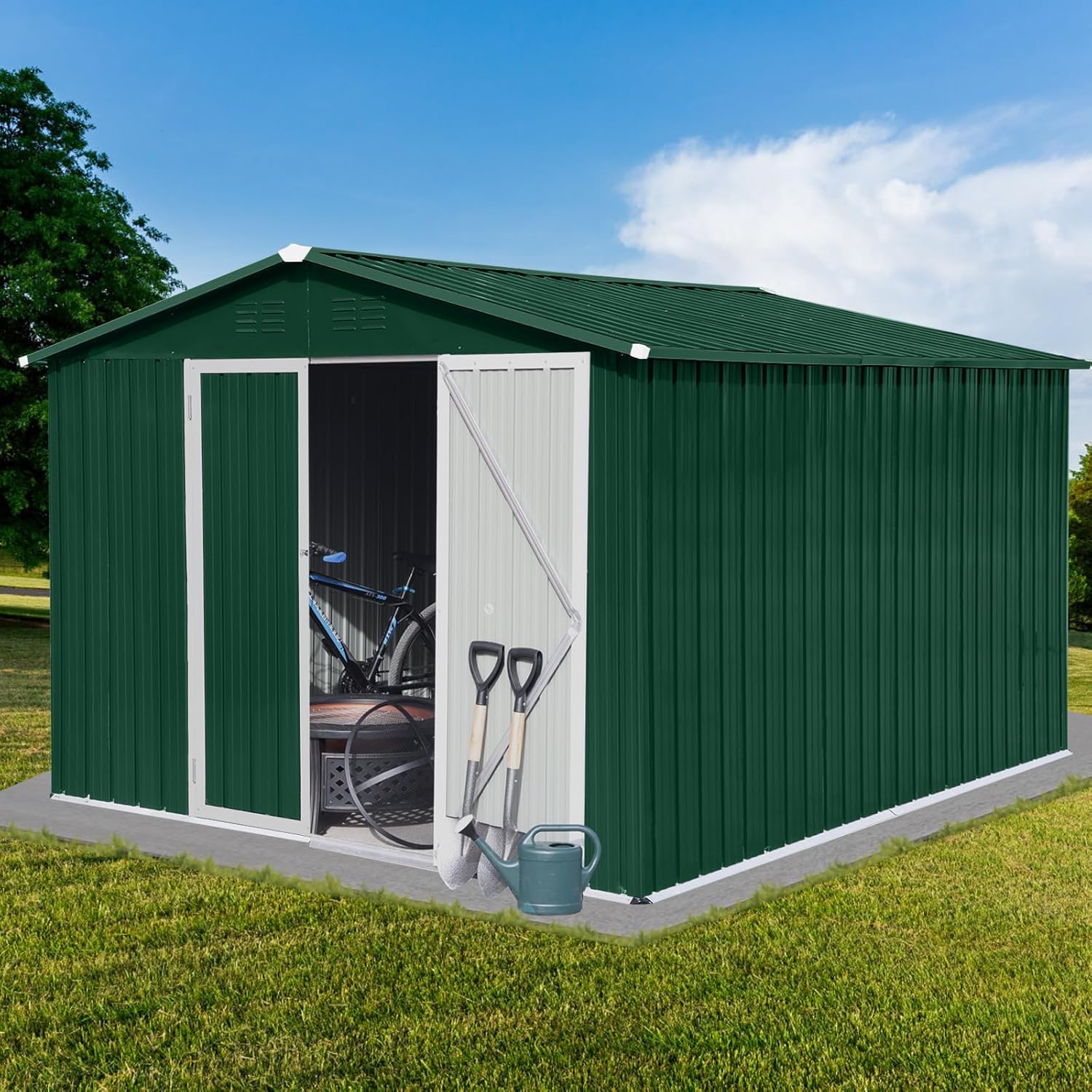 10×8 FT Metal Garden Storage Shed with Apex Roof, Lockable Hinged Door & Vents, Outdoor Tool Shed for Backyard (Green)