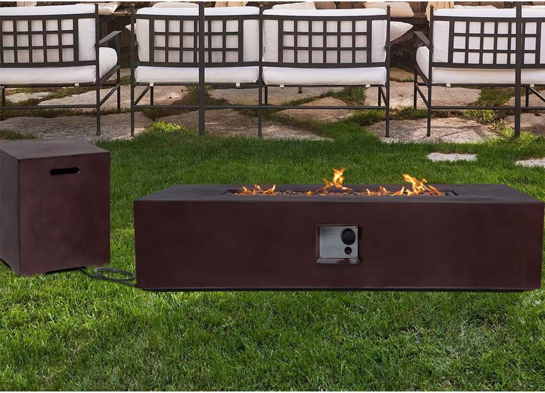 SUNBURY Outdoor Propane Fire Pit, Rectangle Dark Brown Patio Fire Table 50,000 BTU w 20 lbs Tank Cover, Waterproof Cover for Garden, Backyard