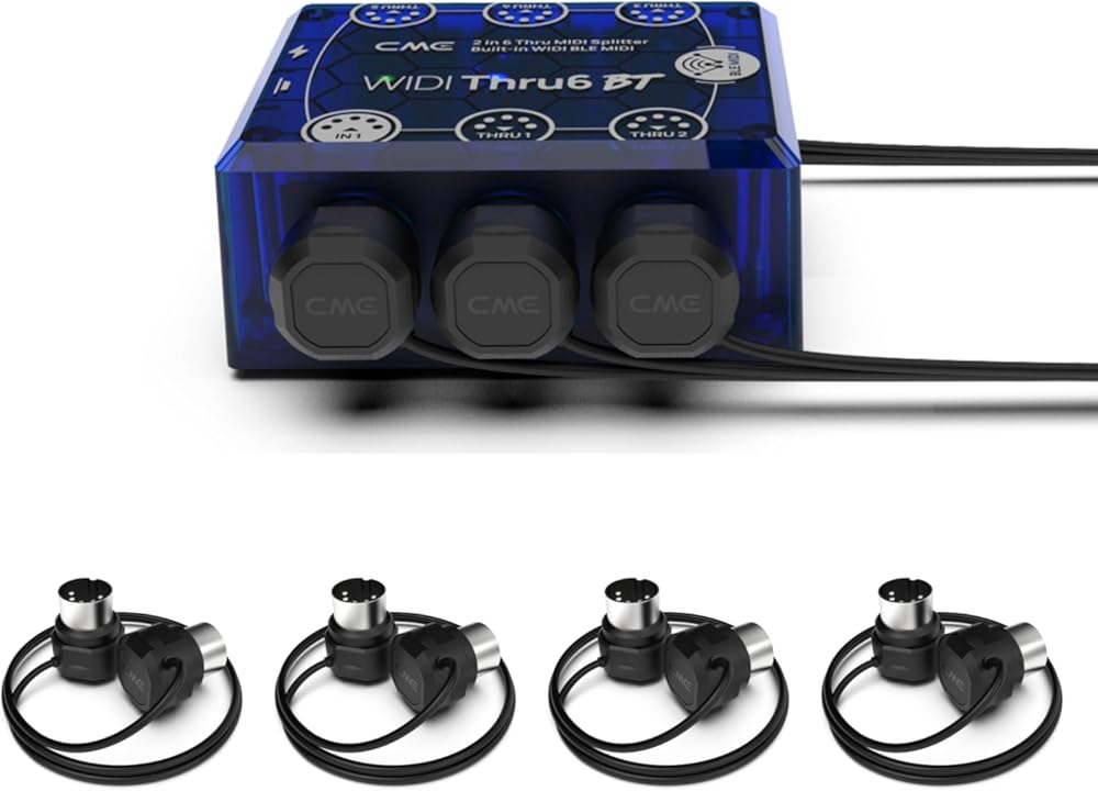 CME WIDI Thru6 BT + 4-Pack 2-FT MIDI Cables - 2-in-6-out MIDI Thru/Split with 5-pin DIN and Bluetooth MIDI + 4-Pack 5-pin DIN Low-Profile MIDI cables