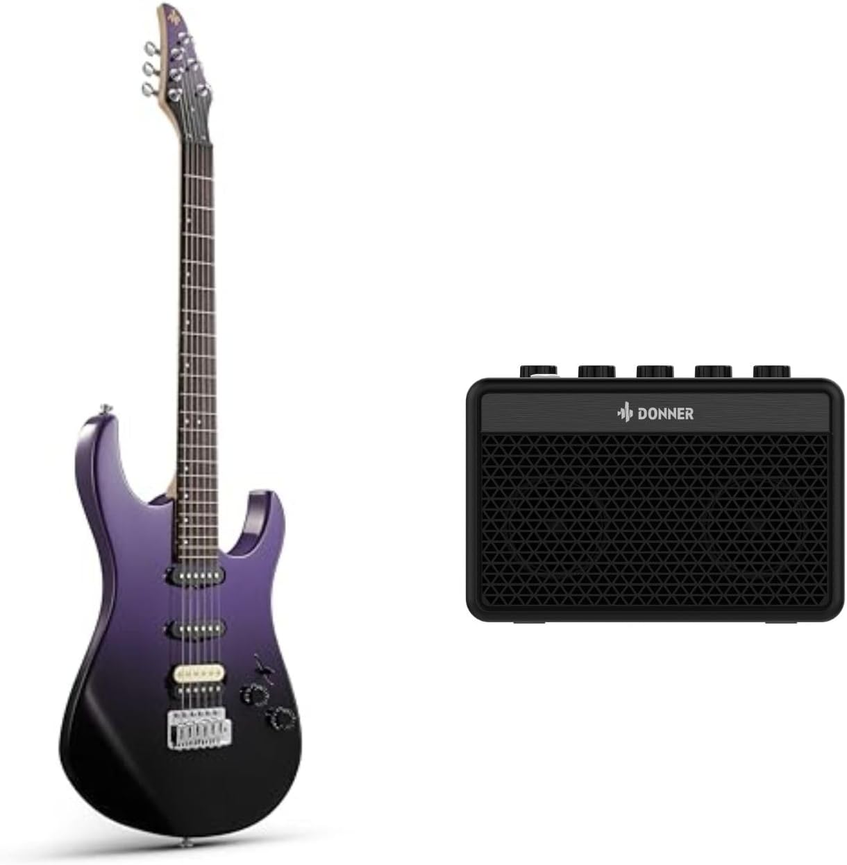 Donner DMT-66 39 Inch Full Size Electric Guitar for Beginner with Bag, Purplish Black and Donner Mini Guitar Amp Small Electric Guitar Amplifier 5W Portable
