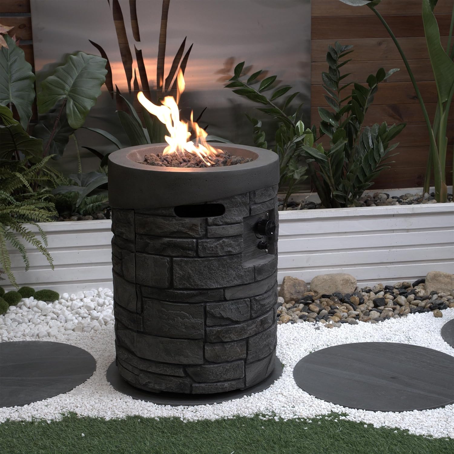 32,000 Btu Outdoor Gas Fire Pit with CSA Certification, 20 Inches Round Design, Lava Stones, Rainproof Cover, & Cultured Stone Finish – Patios (Stone Gray)