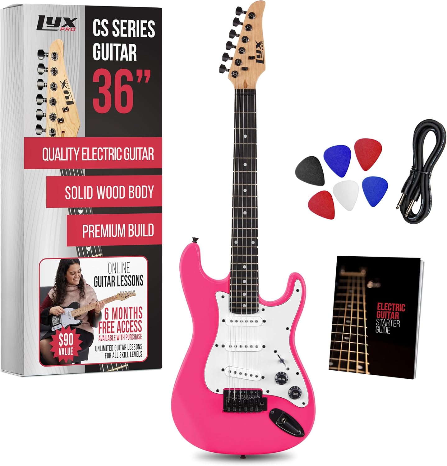 LyxPro CS 30” Electric Guitar Kit for Beginner, Intermediate & Pro Players with Guitar, Amp Cable, 6 Picks & Learner’s Guide | Solid Wood Body, Volume/Tone Controls, 5-Way Pickup - Pink
