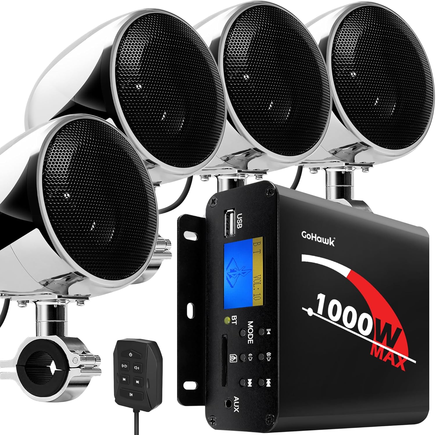 GoHawk Motorcycle Speakers and Amplifier Audio Sound System, 1000W Bluetooth Weatherproof 4 Inch Radio Audio System AUX USB SD FM Radio, Volume Control, ATV UTV Compatible