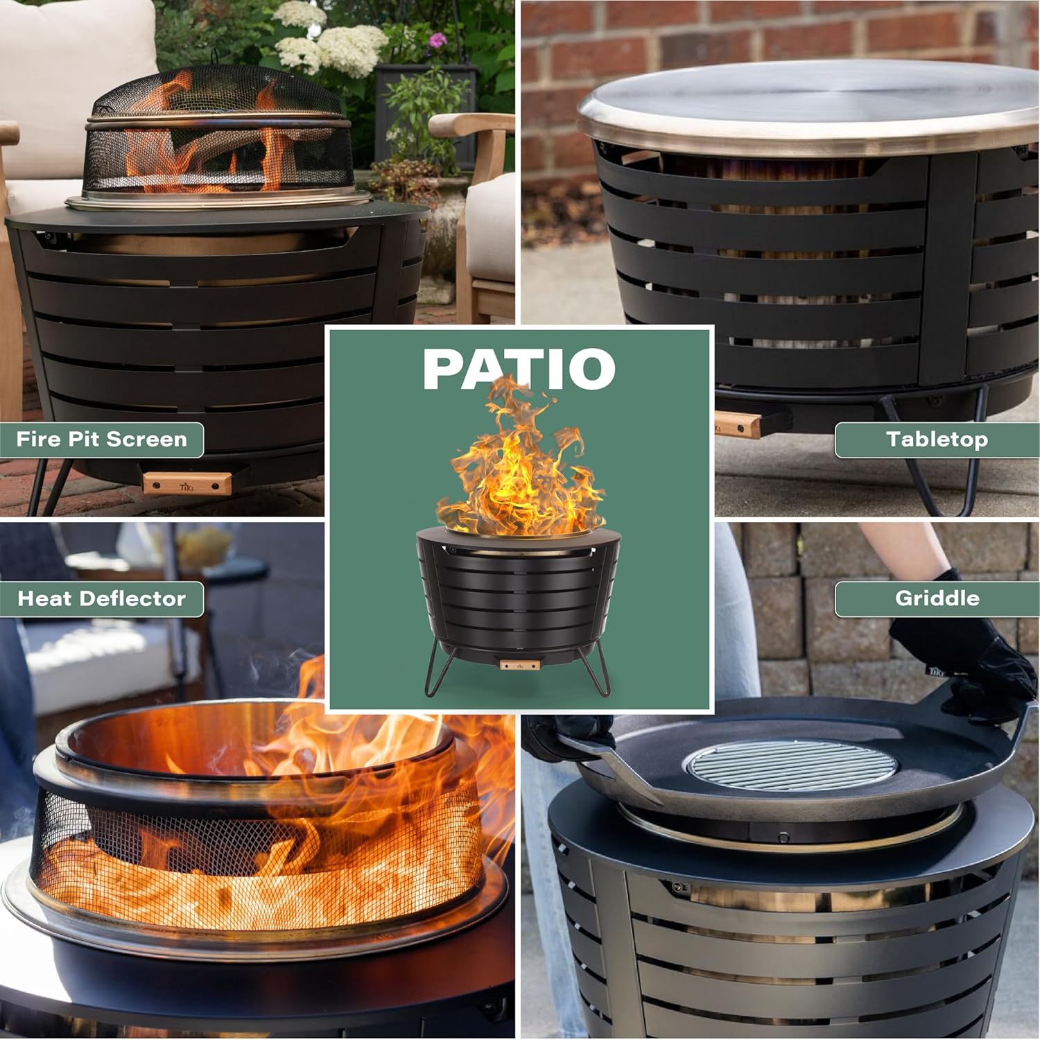 TIKI Patio Fire Pit Bundle – 25-Inch Smokeless Wood Burning Outdoor Fire Pit for Backyard, Patio, Deck & Garden with Removable Ash Pan, Stand & Weather-Resistant Cover – Modern Black Stainless Steel