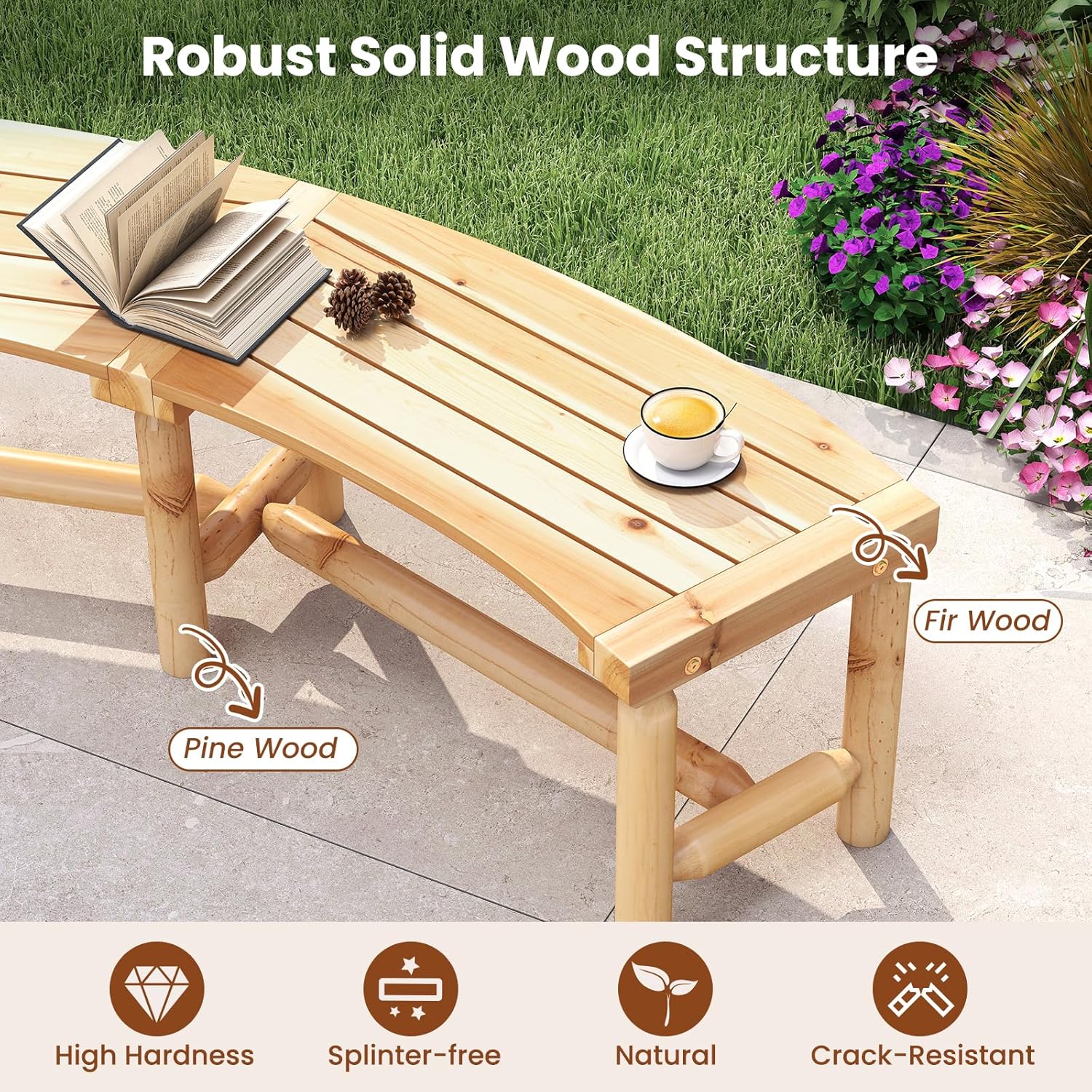 Tangkula Patio Curved Bench Set of 4, Solid Wood Fire Pit Bench for 2-3 People, Outdoor Backless Loveseat for Backyard, Garden, Poolside, 800 LBS Max Load (Natural)