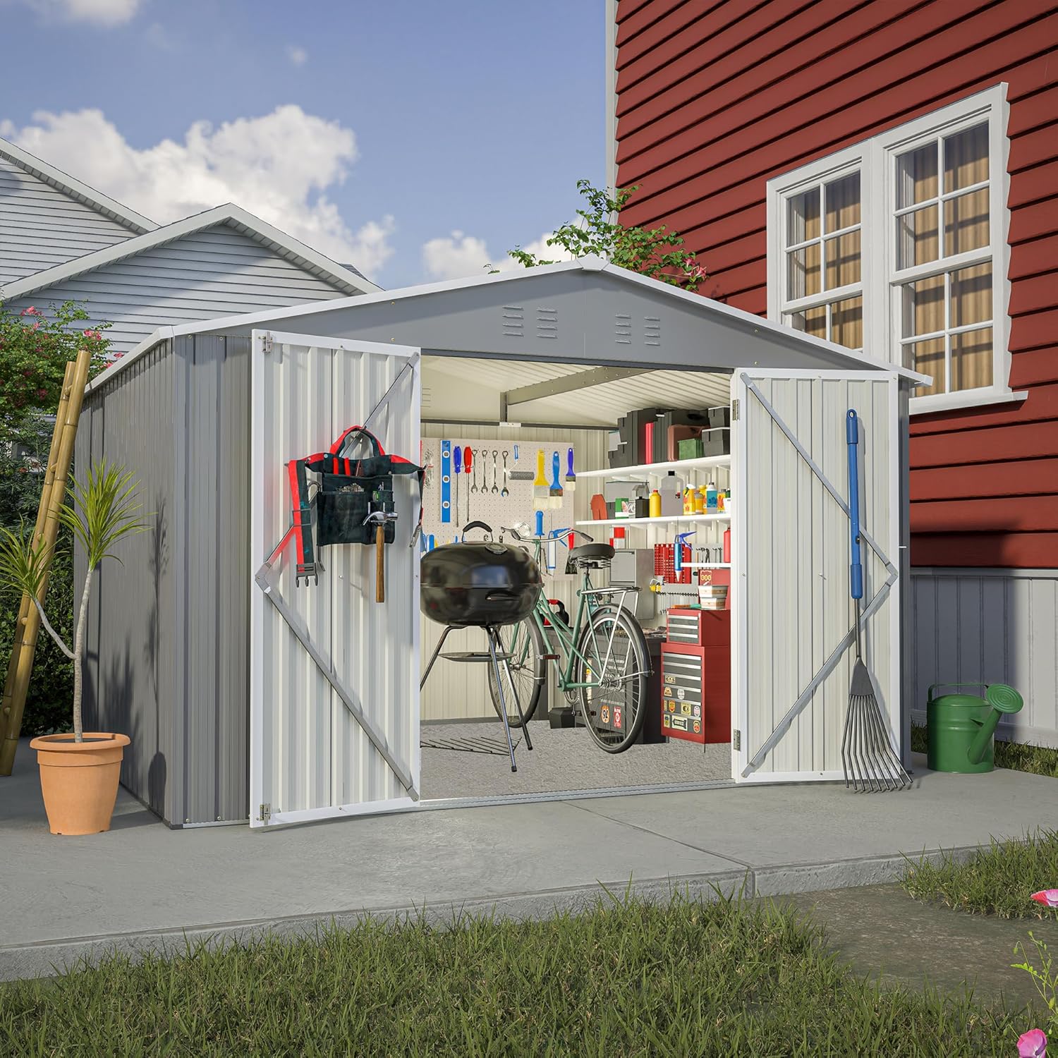 Favfurish 10×8 FT Metal Outdoor Storage Shed, Large Garden Sheds with Lockable Doors, All Weather Anti-Corrosion Galvanized Steel Tool House for Backyard Garden Lawn,Grey
