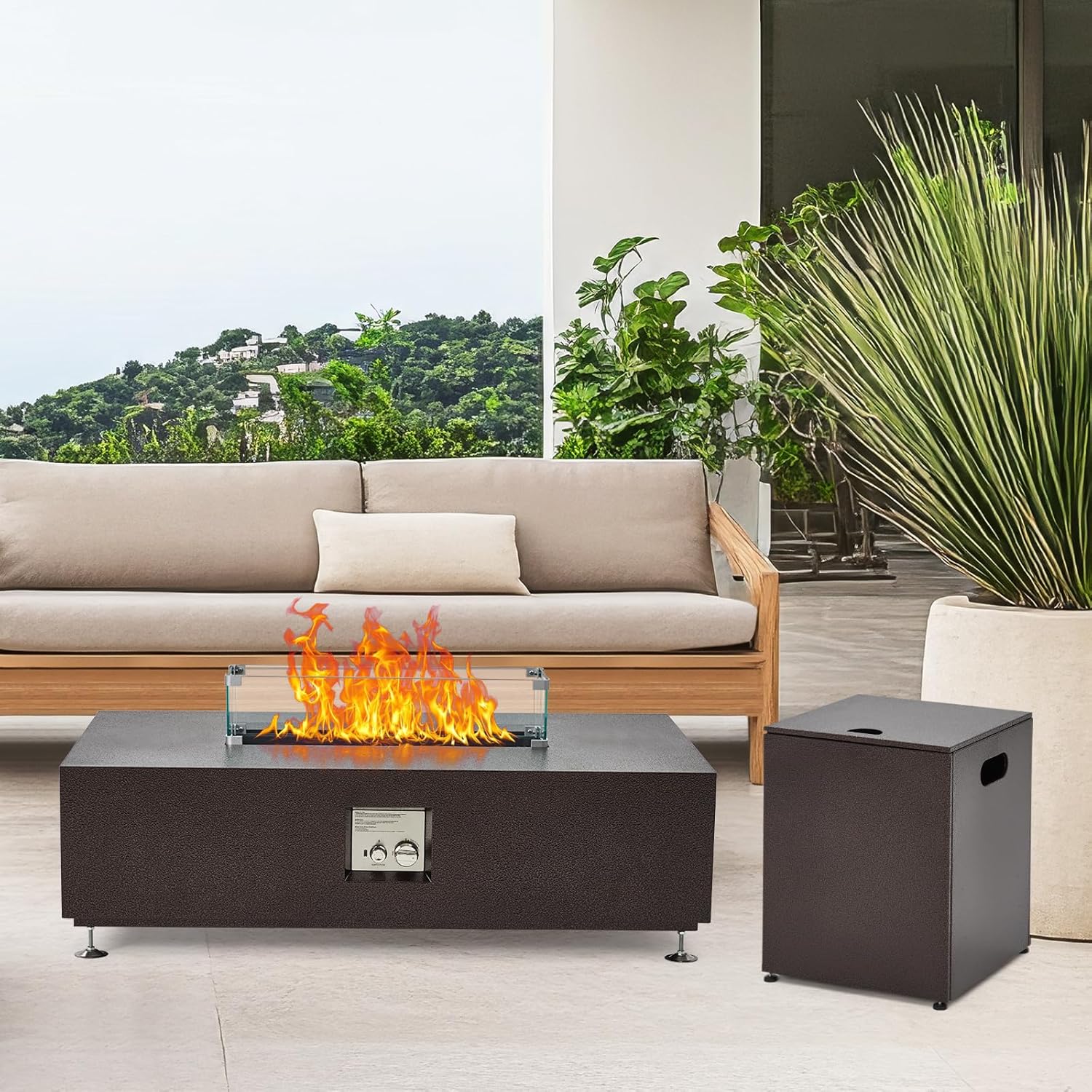 48 in Outdoor Fire Table, 48 in Rectangle Propane Gas Fire Pit Table, 50,000 BTU Modern Firepit with 16 in Tank Cover Side Table, Wind Guard, Fire Glass, Rain Cover, Antique Bronze
