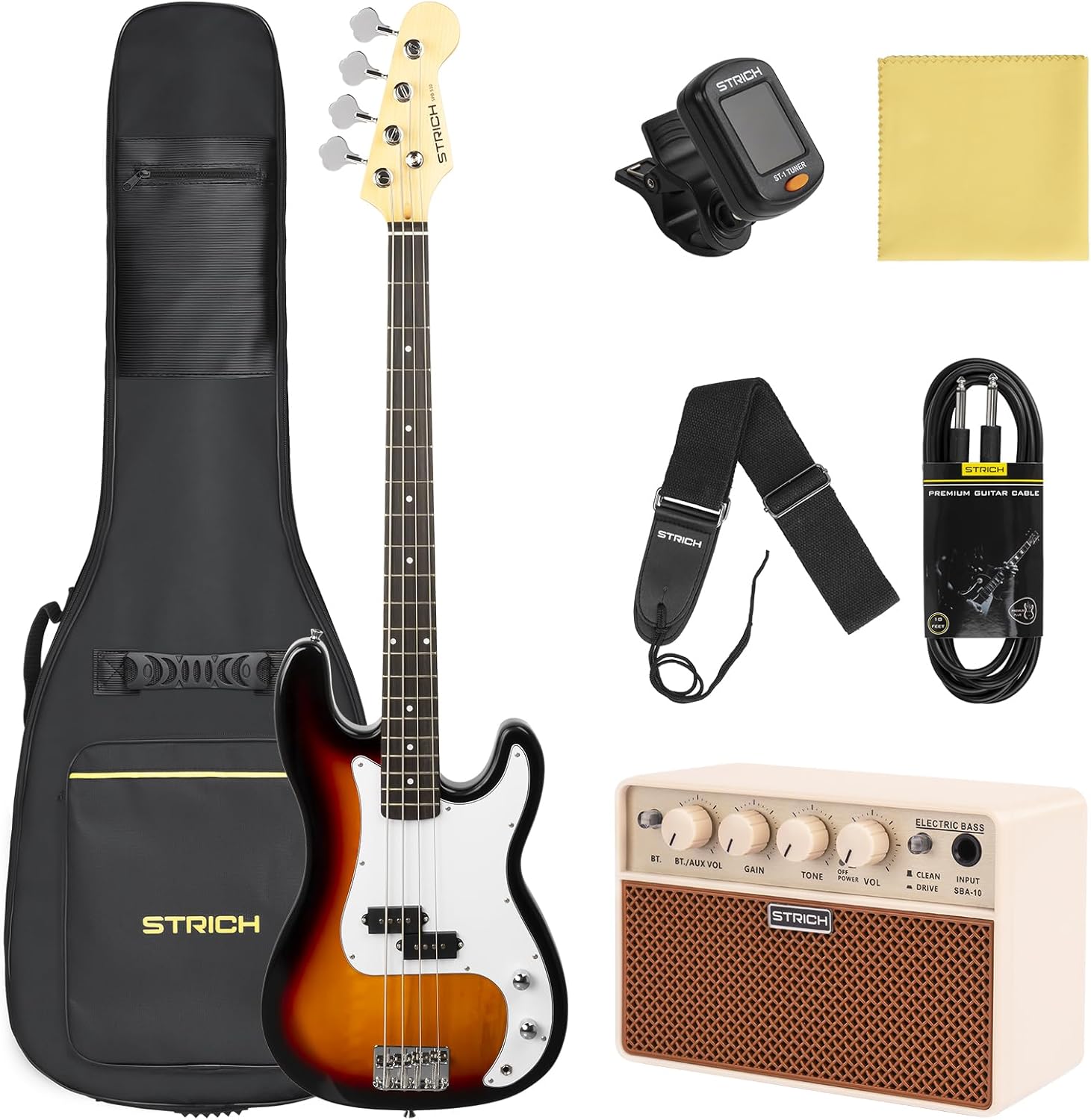 STRICH Electric Bass Guitar 4 Strings Full-Size Beginner Kit, PB-Style Standard Bass for Starter with 2 x 5w Amp, Bag, Tuner, Strap, Cable, SPB-S10 Sunburst