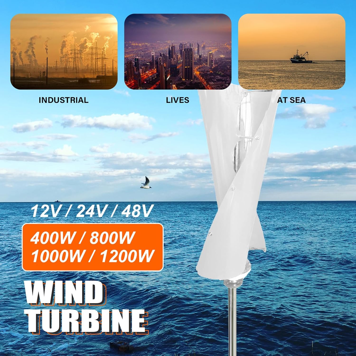 400W / 800W / 1000W / 1200W Maglev Wind Turbine Generator 12V / 24V / 48V Vertical Windmill Power Dynamo Kit with Controller and 2 White Blades, Pure Copper Core Generator,400w,12V