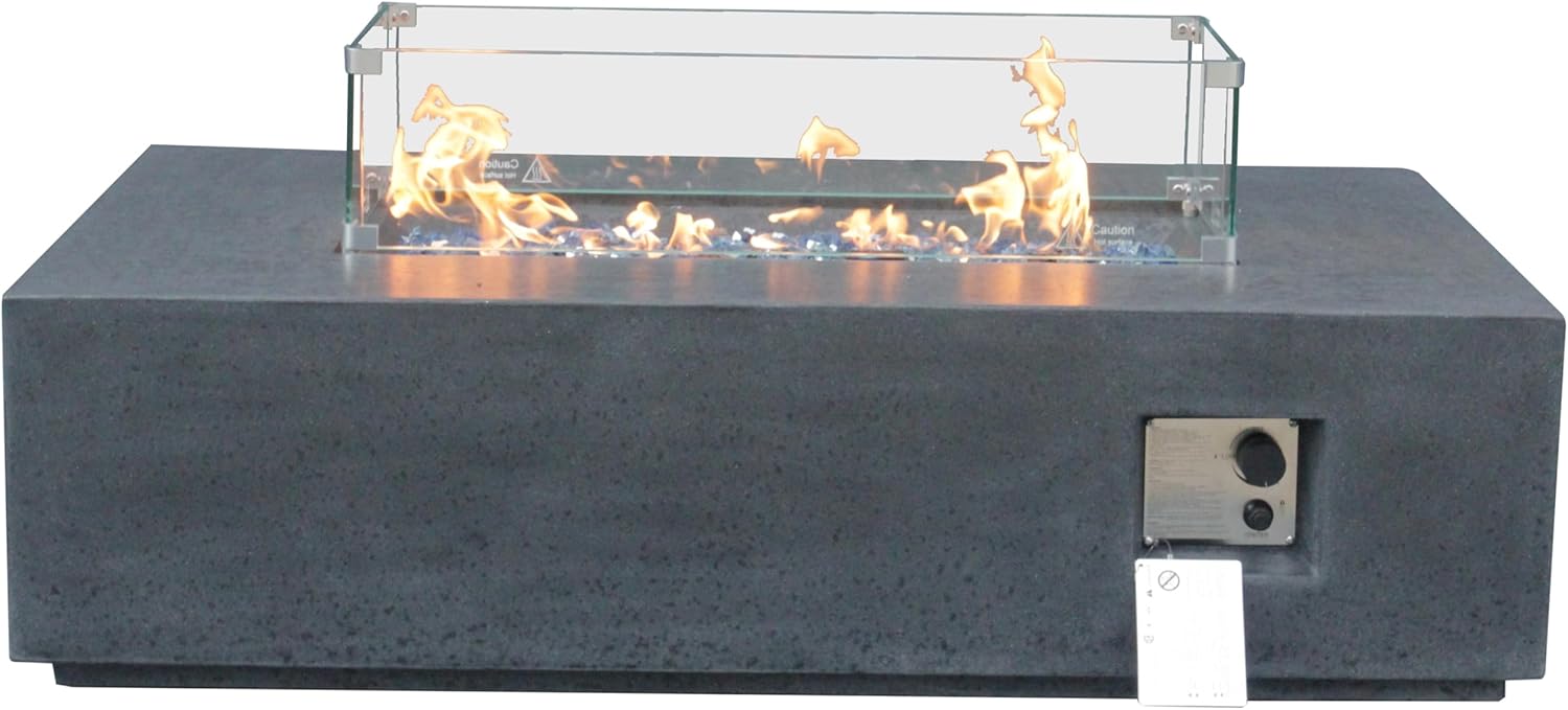 52 Inches Outdoor Concrete Propane Fire Pit Table – Dark Gray & Black Rectangle Design for Patio, Living Room with 1 Door (Black + Gray) (1 Doors)