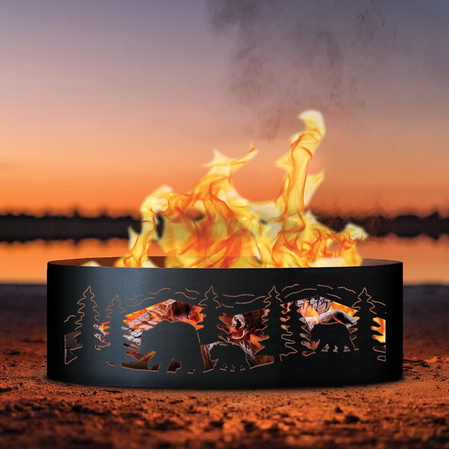 PD Metals BCR00430-FP Bear N Cubs Unpainted 12 in. Tall 30 in. Diameter Outdoor Fire Ring with Fire Poker - 30 x 30 x 12 in. - Rustic Black Color