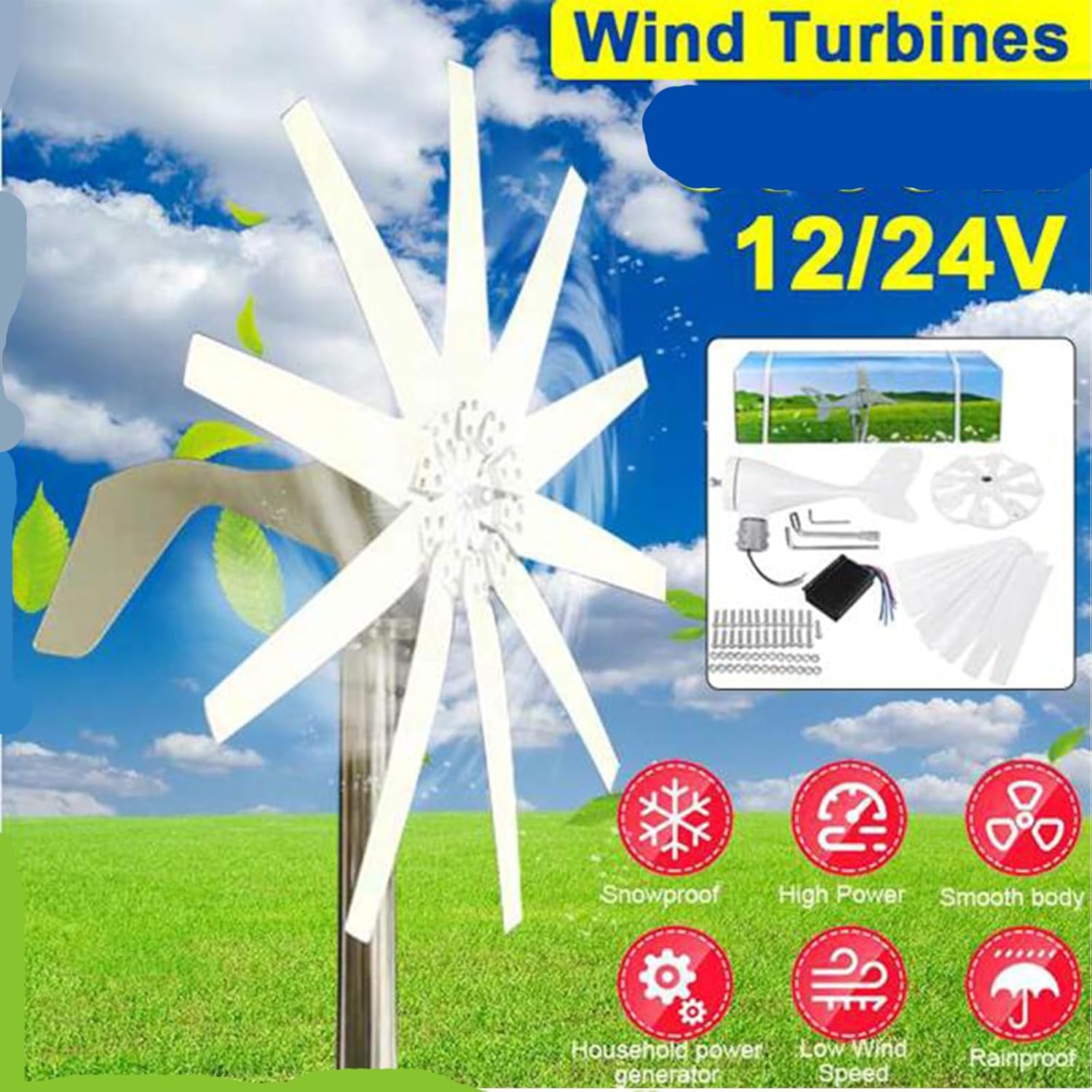 Portable Vertical Wind Turbine Generator Turbine Generator Kit,12000W with Charge Controller for Farm, Highway, Mountainous Areas(12V/24V/48V)