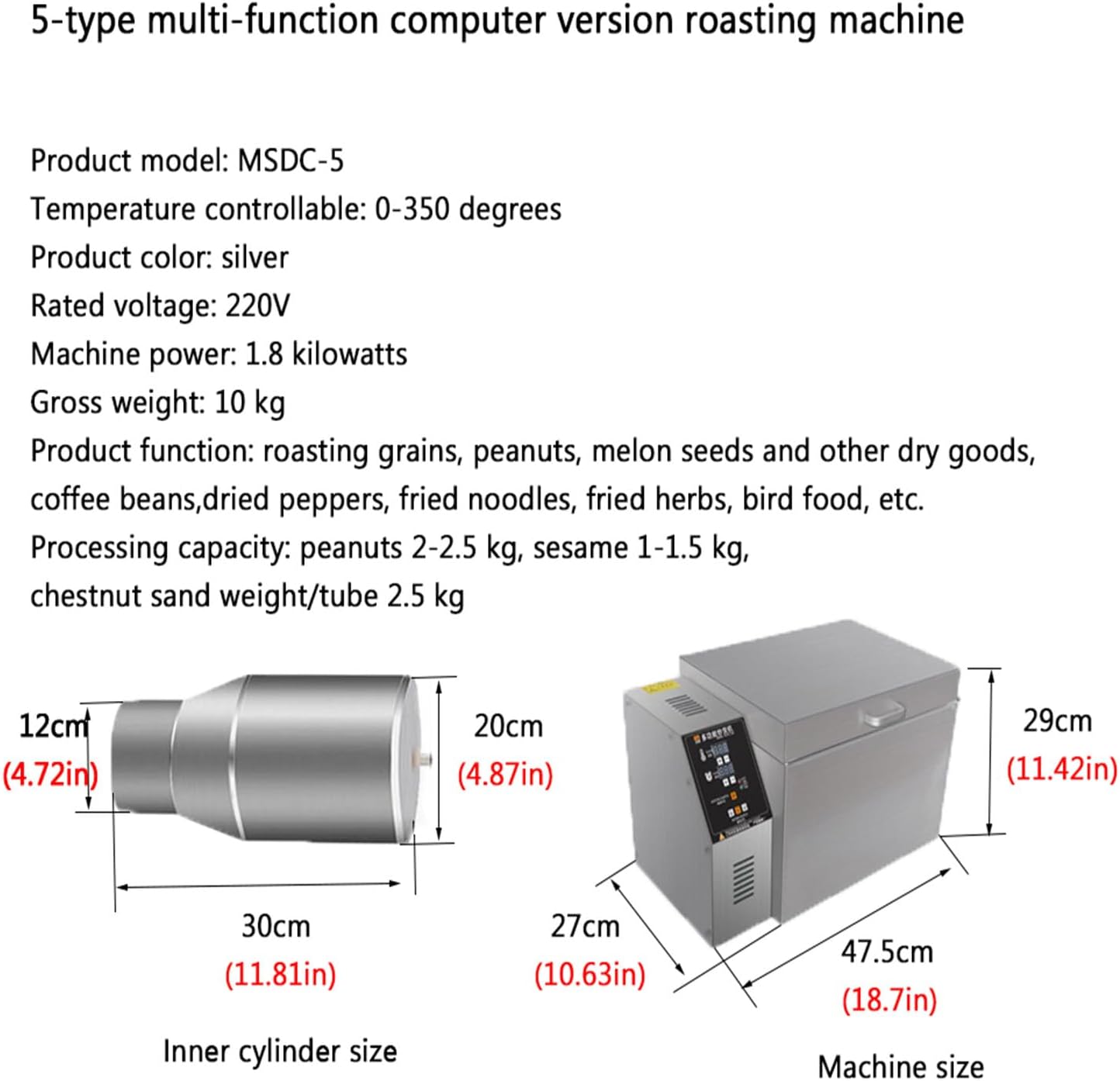 Electric Nut Roasting Machine,1800w Multifunctional Stainless Steel Nut Roasting Machine with 0-350℃&999 Minute Timer,For Baking Coffee,Chestnut, Peanuts,Grain,2000g
