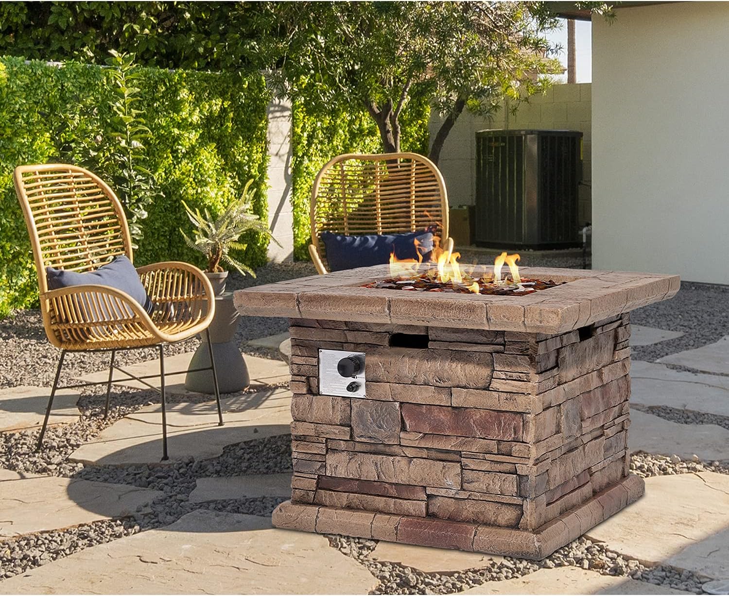 HOMPUS Propane Fire Pit, 32-inch Square Concrete Fire Table with Amber Yellow Fire Glass and Rain Cover for Outdoor Leisure Party, 50,000 BTU Gas Fire Pit for Patio, Deck or Backyard, CSA Certified