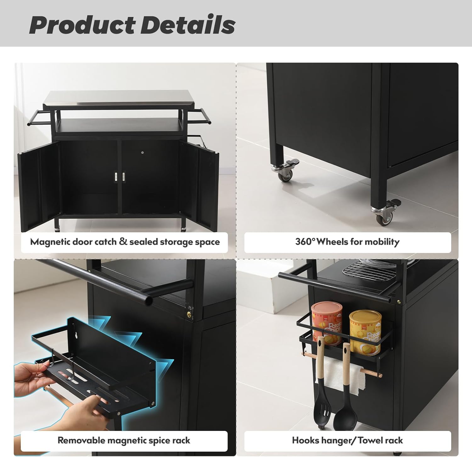 Nexaio XL Rolling Bar Grill Cart Outdoor Patio Furniture, Outdoor Grill Table with Stainless Steel Top for Kitchen Prep and Outdoor Storage Cabinet for Grilling Accessories, Black