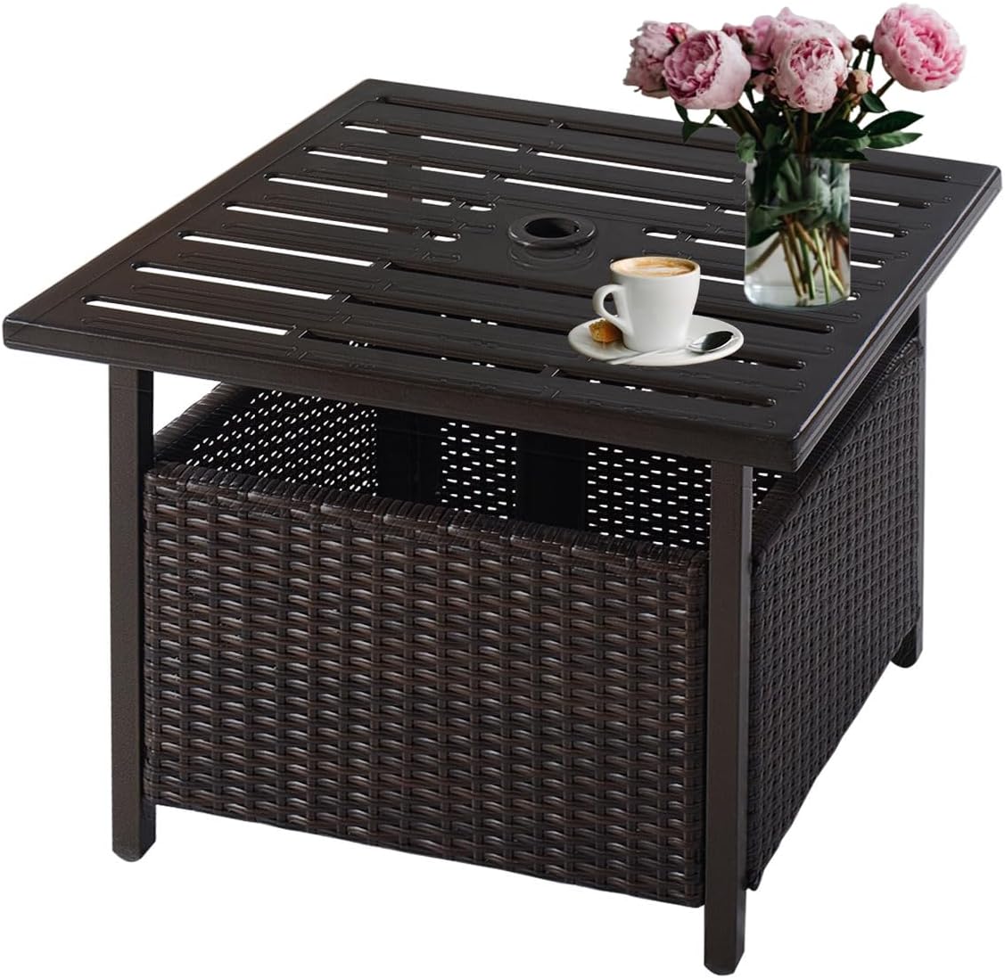 Nightcore Rattan Umbrella Side Table, Bistro Wicker Side Table with Storage Slot, Patio Umbrella Side Table Stand with 1.57