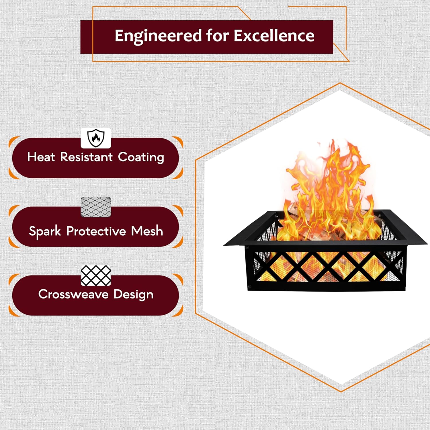 FEBTECH Portable Fire Pit Ring Square - Solid Carbon Steel 36 Inch Square Fire Ring Insert with Crossweave Design & in-Built Spark Protective Mesh – Perfect for Outdoor Gatherings & Camping Bonfires