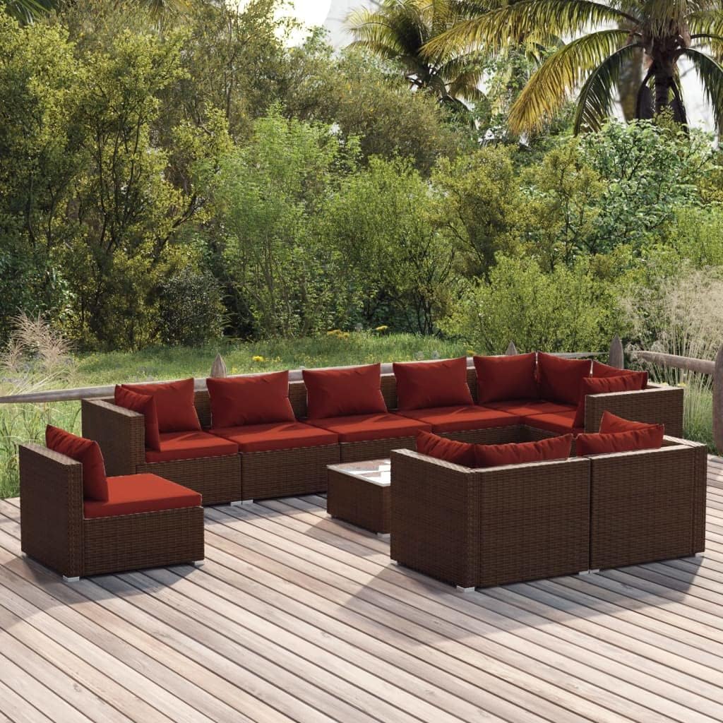 10 Piece Patio Lounge Set with Cushions Poly Rattan Brown,Versatile and Relaxing: Outdoor Rattan Patio Lounge Set for Ultimate Comfort Patio Furniture, Outdoor Furniture Sets