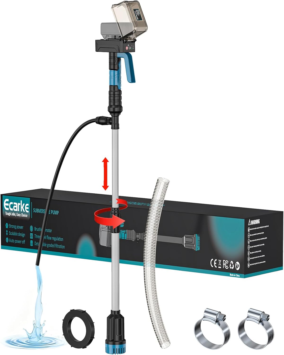 840GPH Brushless Cordless Stick Water Transfer Pump Compatible With Makita 18V (only tool), Auto Shut-Off, 38FT Lift 3-Speed, Extendable & IP68 with Hose Kit for Pool Garden Basement RV Boat