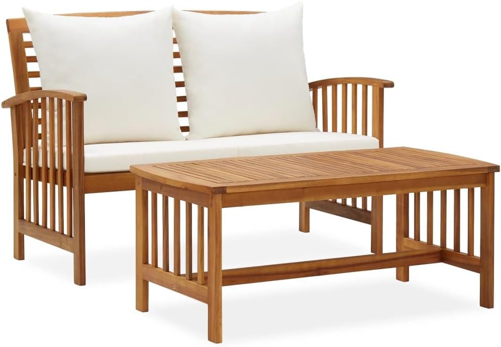 2 Piece Patio Lounge Set with Cushions Solid Acacia Wood,Vintage Acacia Wood Outdoor Lounge Set for Garden, Patio or Deck with Cream White Cushions and Back Pillows Patio Furniture Sets, Outdoor Furni