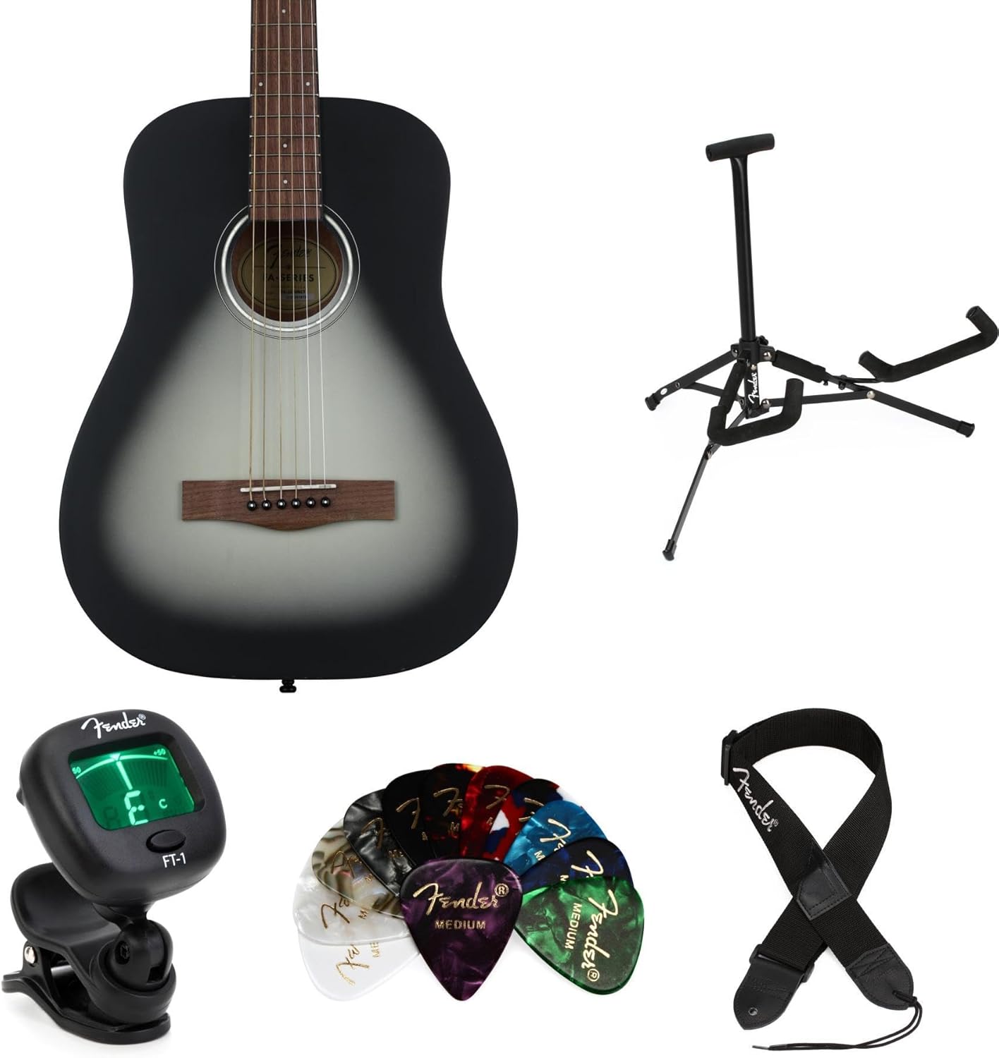 Fender FA-15 3/4 Scale Steel Acoustic Guitar Bundle - Moonlight Finish | Includes Stand, Tuner, Strap & 12 Guitar Picks | Beginner & Travel Friendly