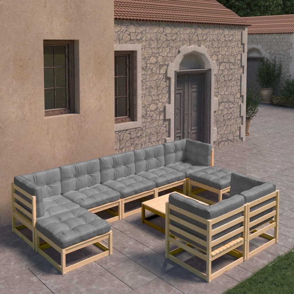 10 Piece Patio Lounge Set with Cushions Solid Wood Pine,Sturdy Pinewood Patio Lounge Set with Gray Cushions for Cozy Relaxation and Outdoor Entertainment Furniture Sets for Patio, Lawn & Garden