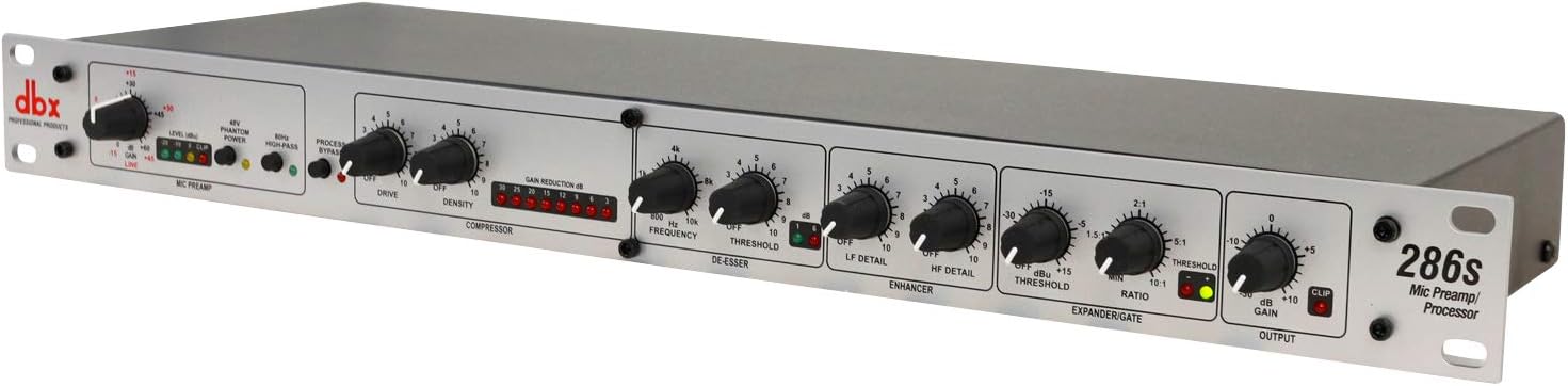 dbx DBX286SV Instrument, Microphone Preamp & Channel Strip Processor, with Compression, De-Esser, Enhancer, Expander/Gate, Loop-Out. Metering LEDs, XLR and ¼” inputs. Rack Mountable 1U. Silver