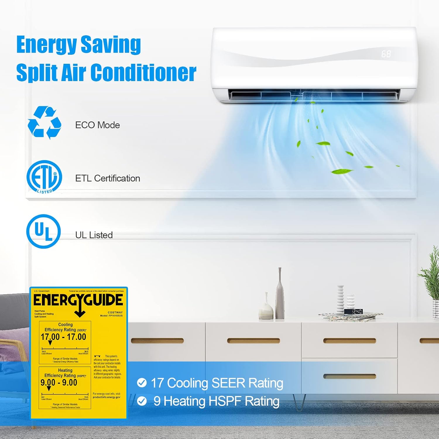 LDAILY Split Air Conditioner & Heater Wall-mounted Ductless Ac Unit Cools Rooms, Good Performance Inverter Ac with Heat Pump & Installation Kit (24000Btu, 230V)