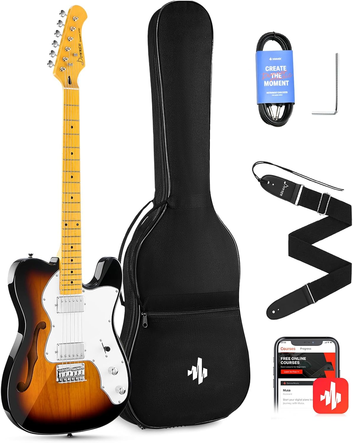 Donner 39 Inch Jazz Electric Guitar TL Thinline F Hole Beginner Full Size Hollow Guitar with H-H Pickups,Bag, Strap, Cable,Sunburst(DJC-1000S)