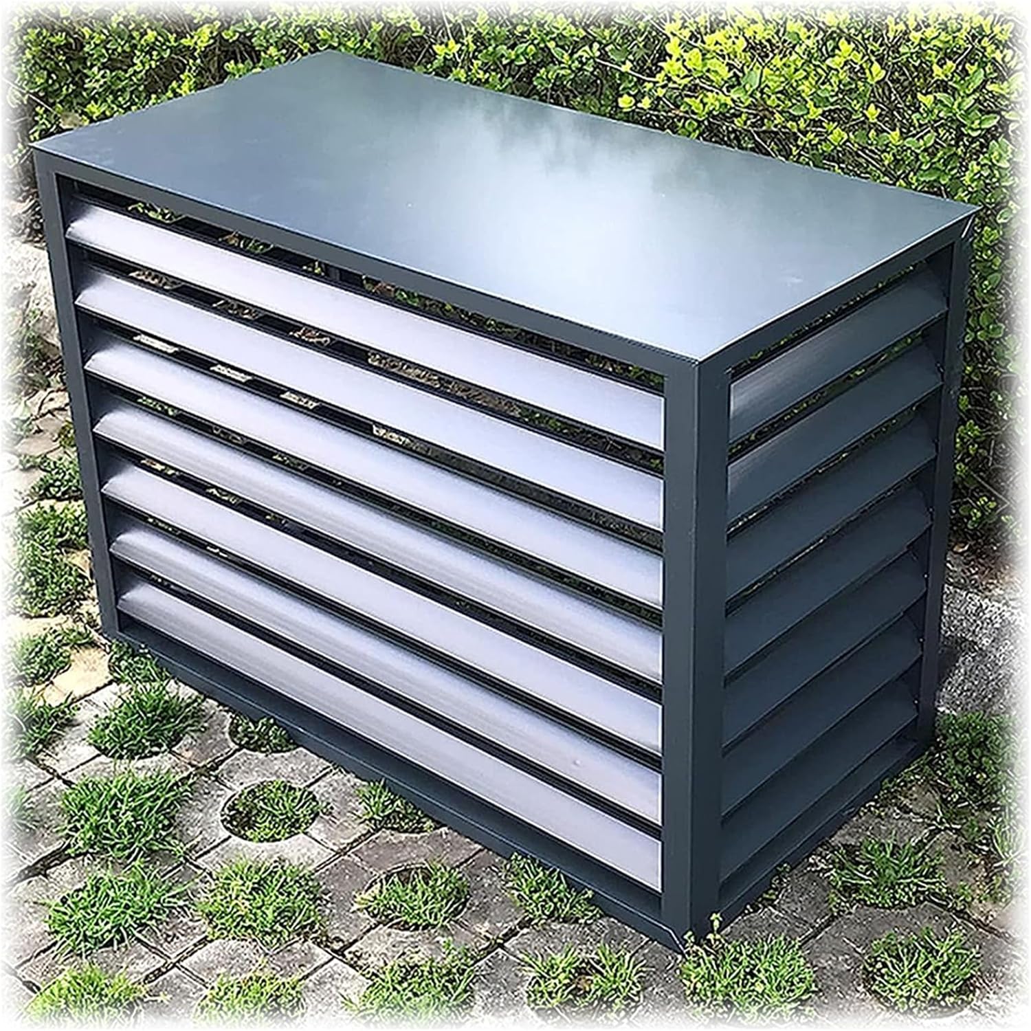 Air Conditioner Cover Aluminum Louvered Frame Flower Shelf Decorative Balcony, For Outside Units Hide Heat Pumps Shelf Plant Storage Weather Resistant(110*80*60cm)